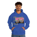 Man modeling blue hooded sweatshirt with 'Other people’s money' text and dog graphic print