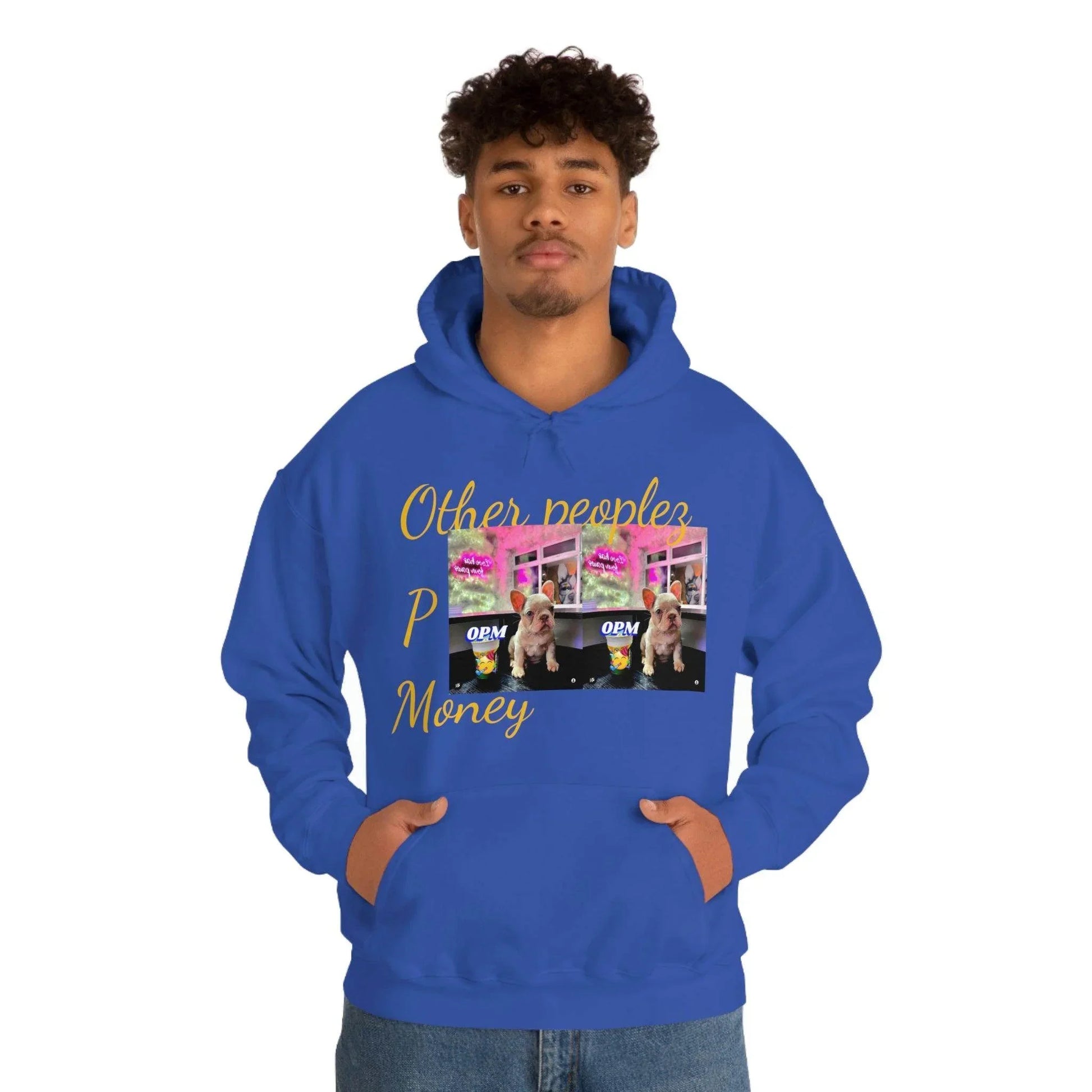 Man modeling blue hooded sweatshirt with 'Other people’s money' text and dog graphic print
