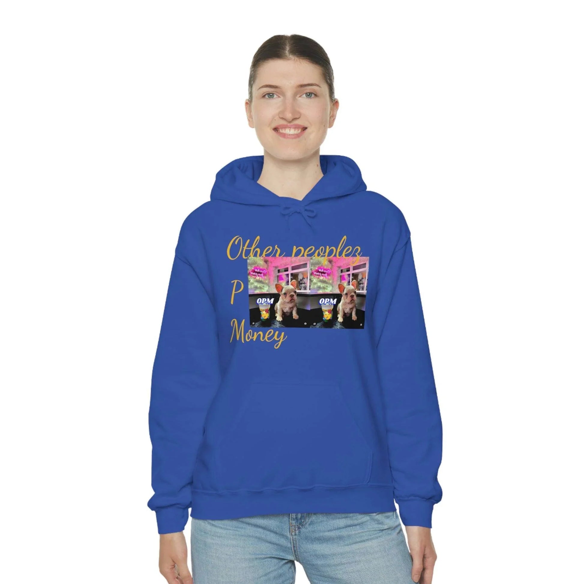Woman wearing blue hooded sweatshirt with 'Other people’s money' and photo graphic print