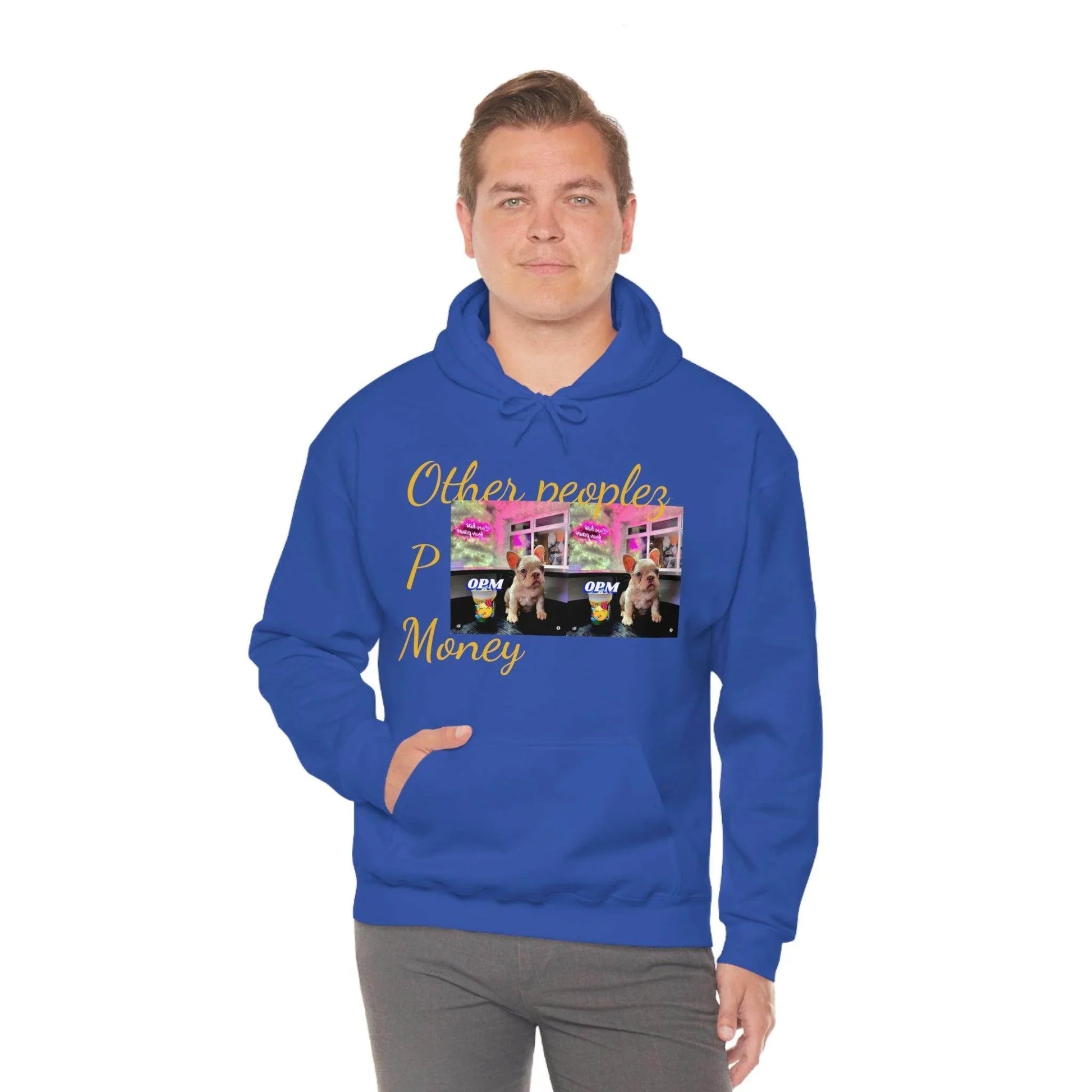Man wearing blue graphic hoodie with 'Other peoples Money' text and dog print, urban streetwear
