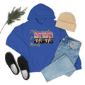 Blue hooded sweatshirt with graphic and 'Other people’s Money' text, paired with jeans, hat, and shoes