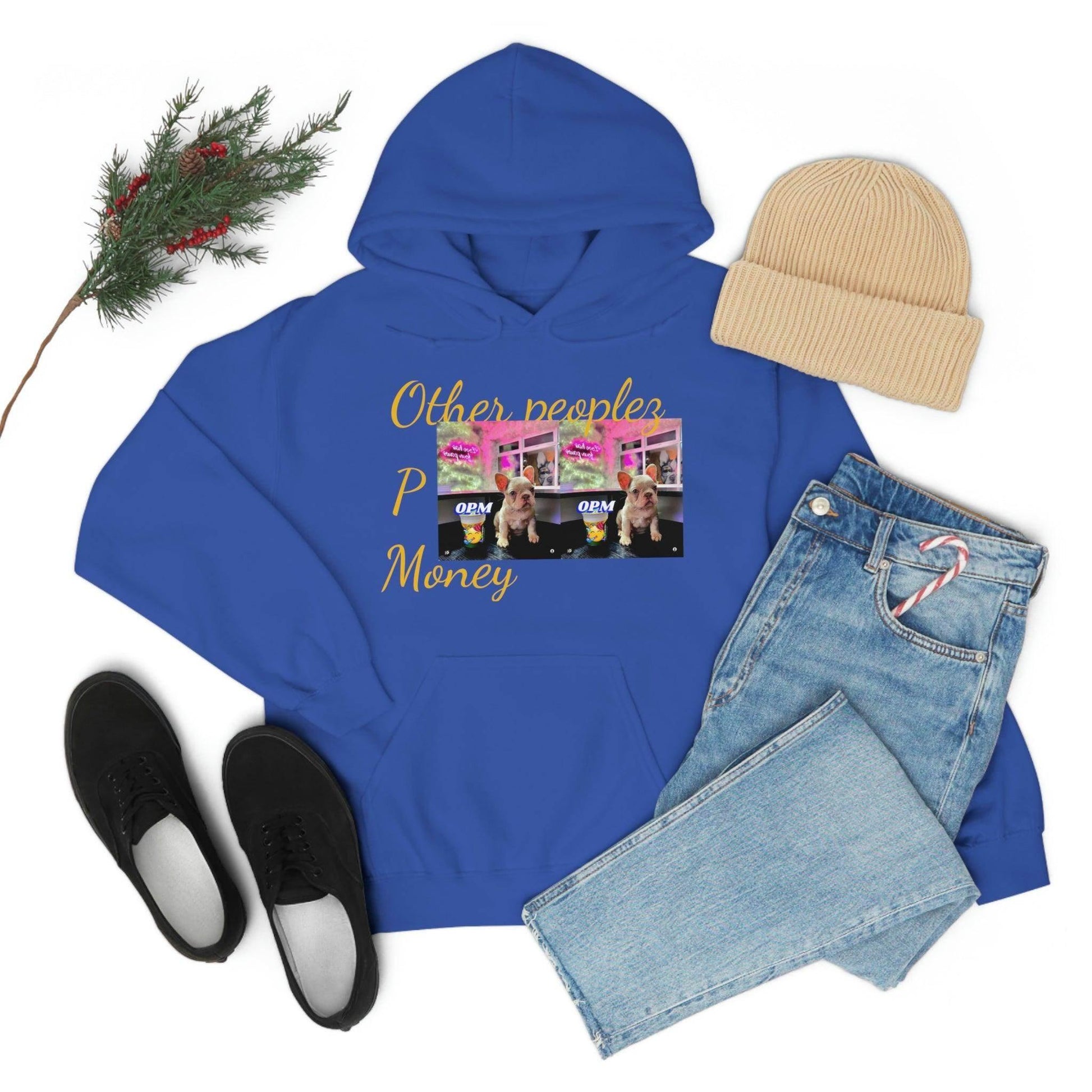 Blue hooded sweatshirt with graphic and 'Other people’s Money' text, paired with jeans, hat, and shoes