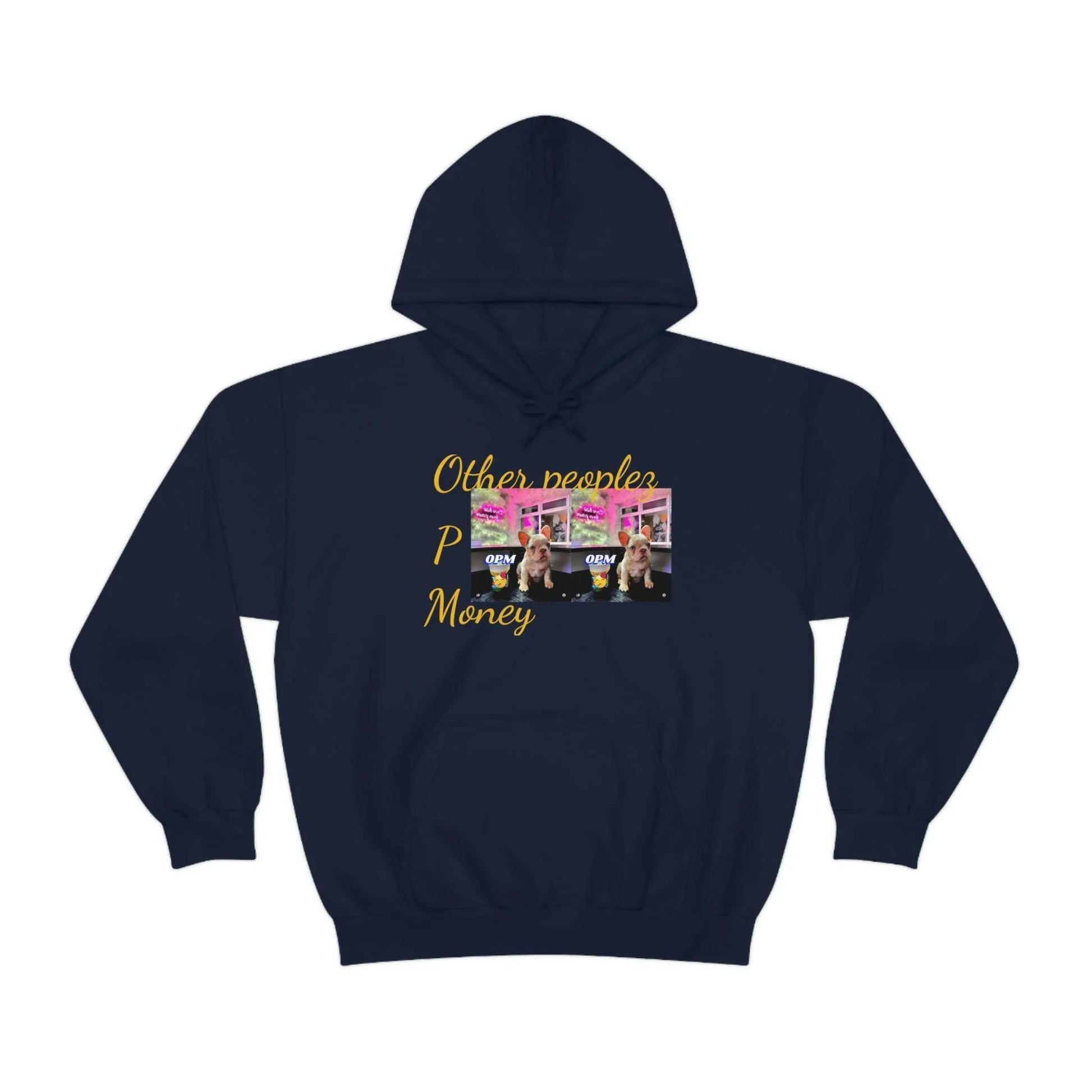 Navy blue unisex hooded sweatshirt with "Other people’s money" graphic and urban photo print