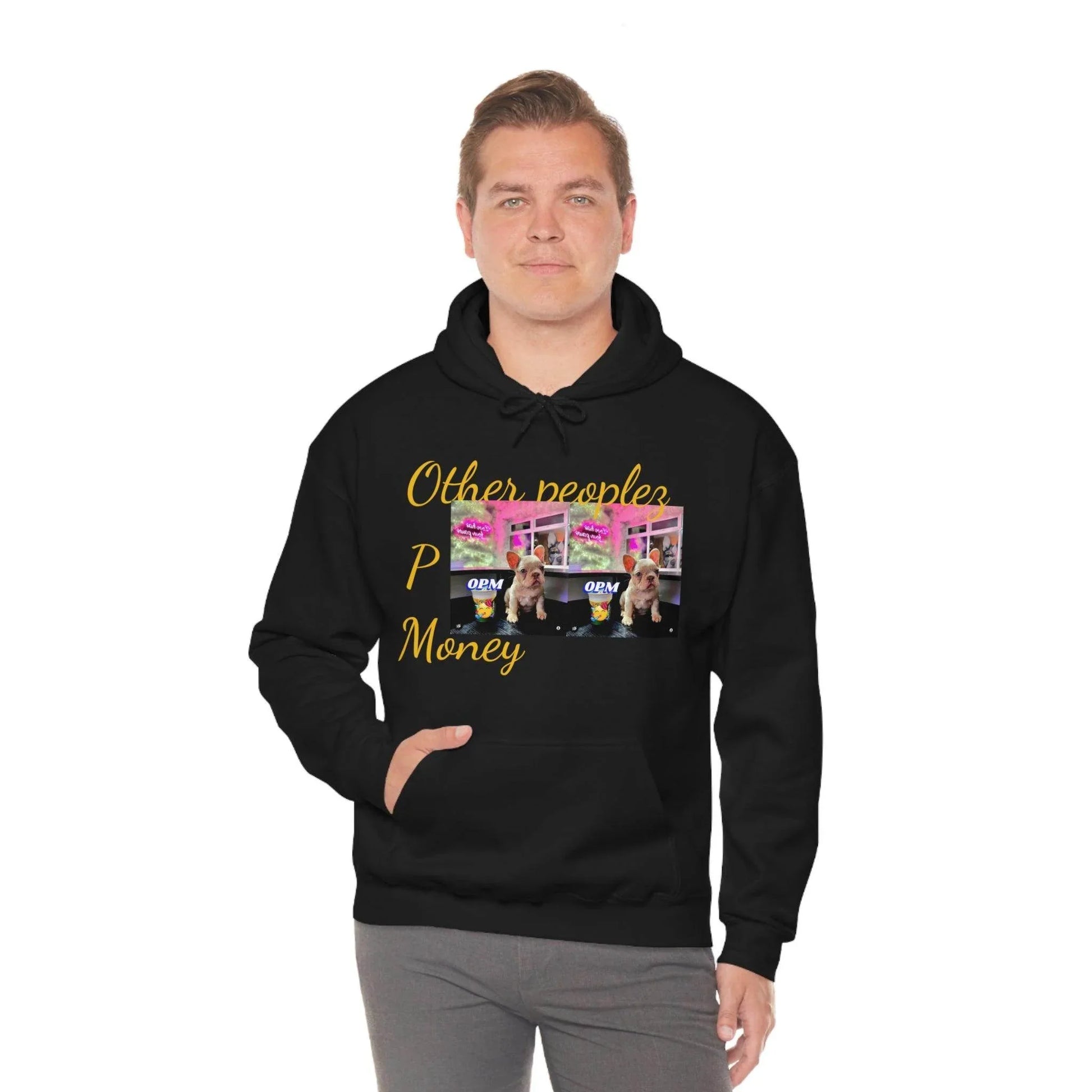 Man wearing black hooded sweatshirt with 'Other peoples Money' text and dog graphic on front