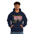 Man in navy hoodie with graphic, text 'Other People’s Money', bulldog and OPM cup design.