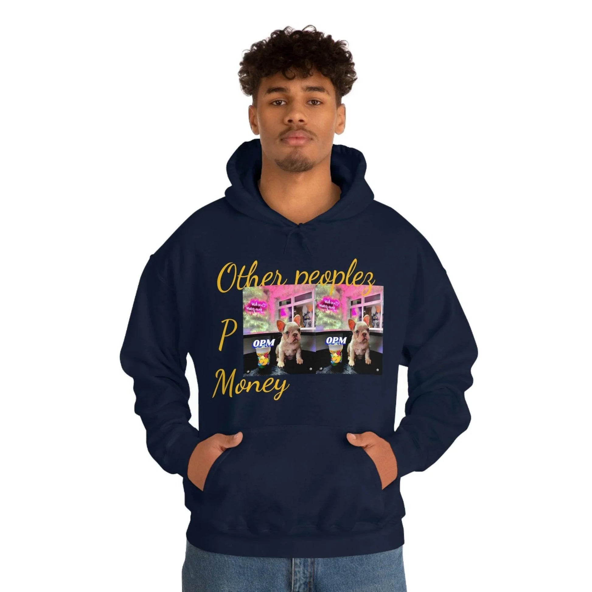 Man in navy hoodie with graphic, text 'Other People’s Money', bulldog and OPM cup design.