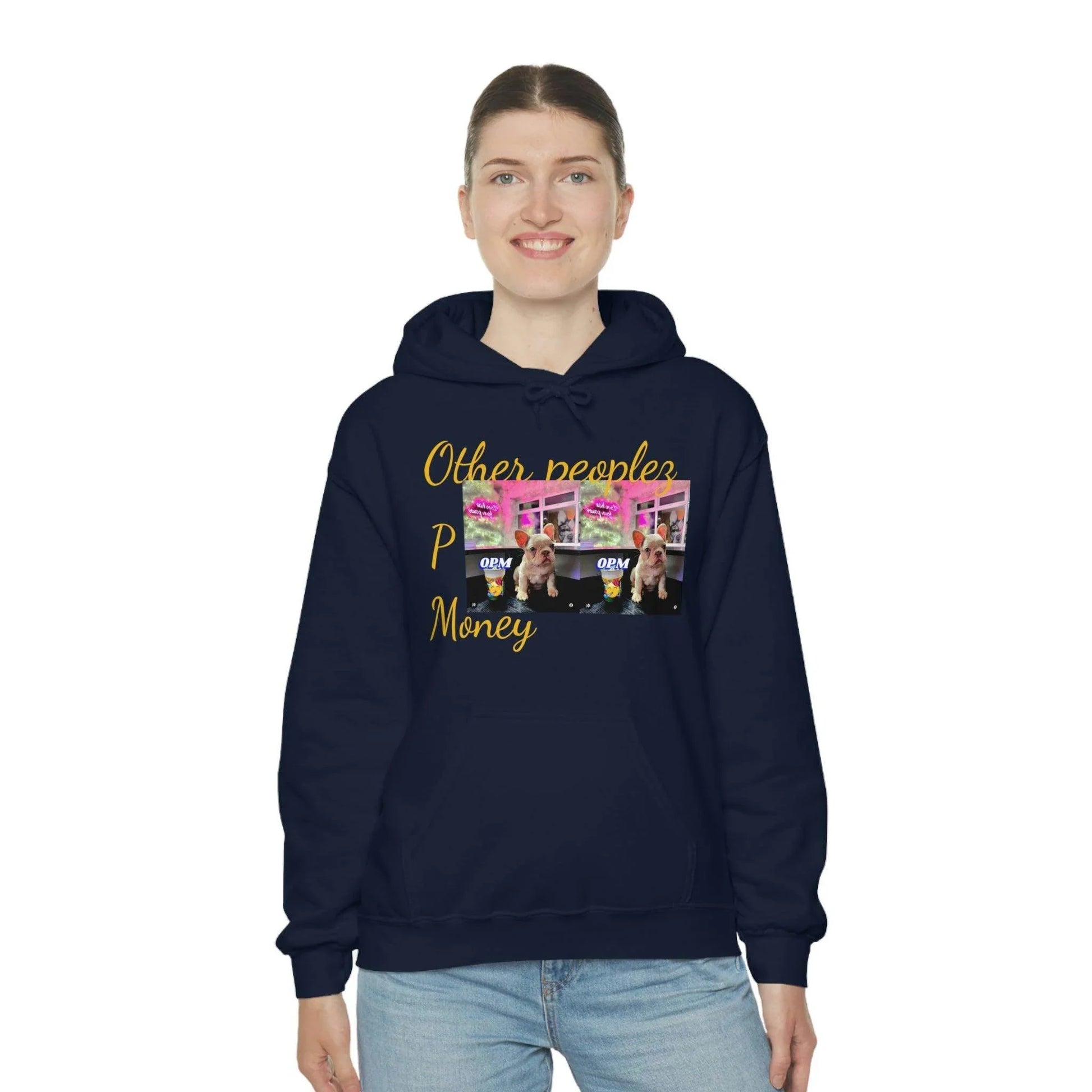Woman wearing navy blue hoodie with yellow 'Other people’s money' text and graphic print, urban streetwear