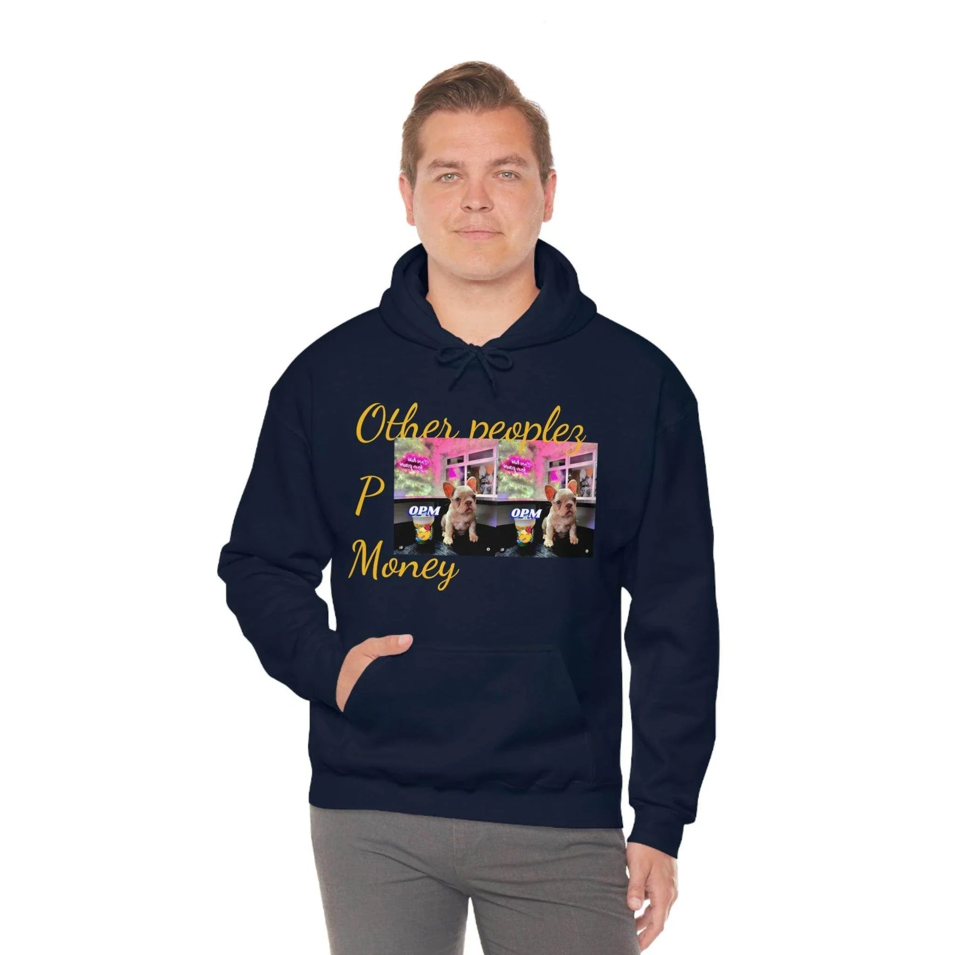Man wearing black hooded sweatshirt with 'Other people’s P Money' text, dog and OPM cup graphic