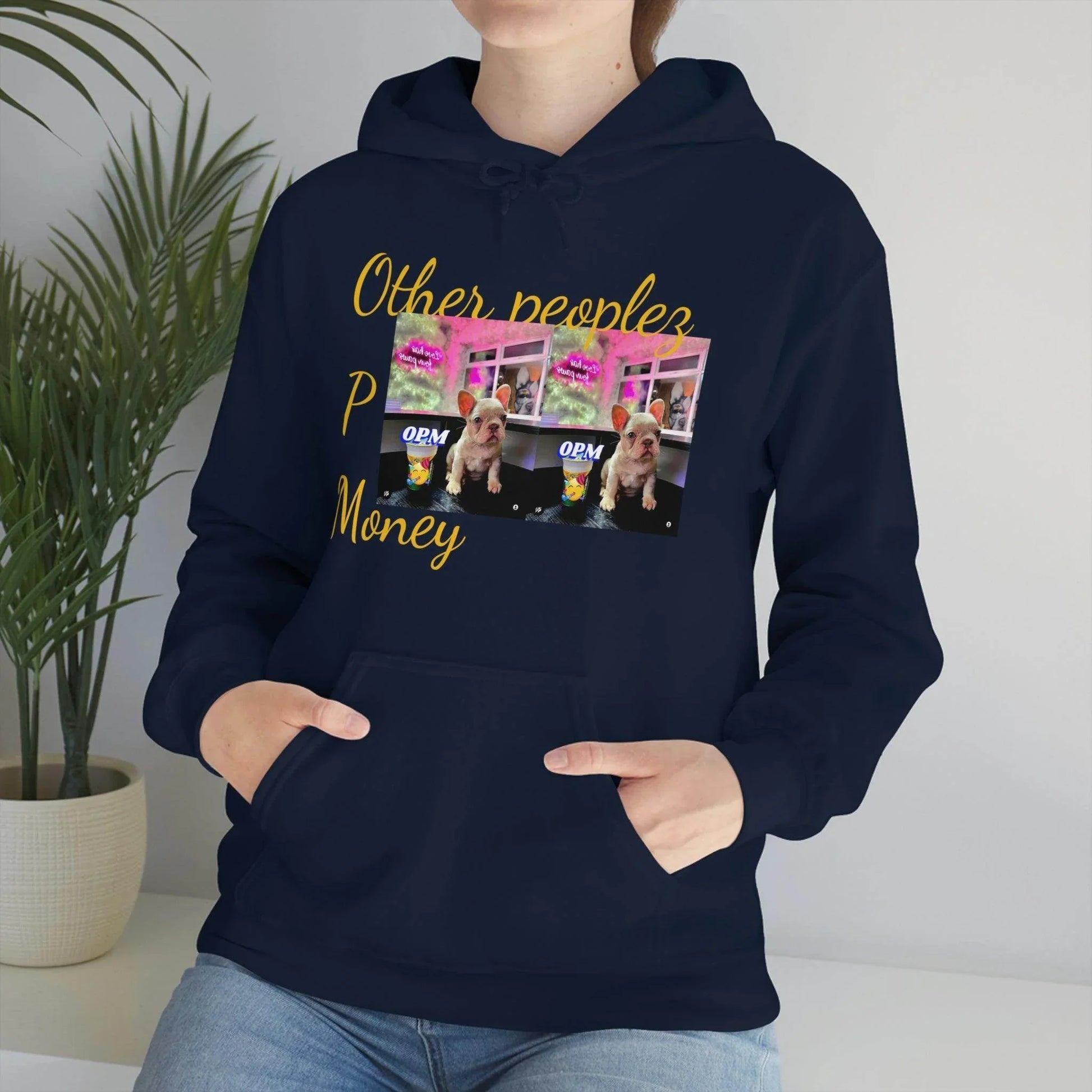 Navy hoodie with "Other peoples Money" text and graphic of French bulldog and neon signs.