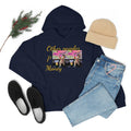 Navy hooded sweatshirt with 'Other people’s money' text and dog graphic, styled with jeans, black shoes, and beige beanie.