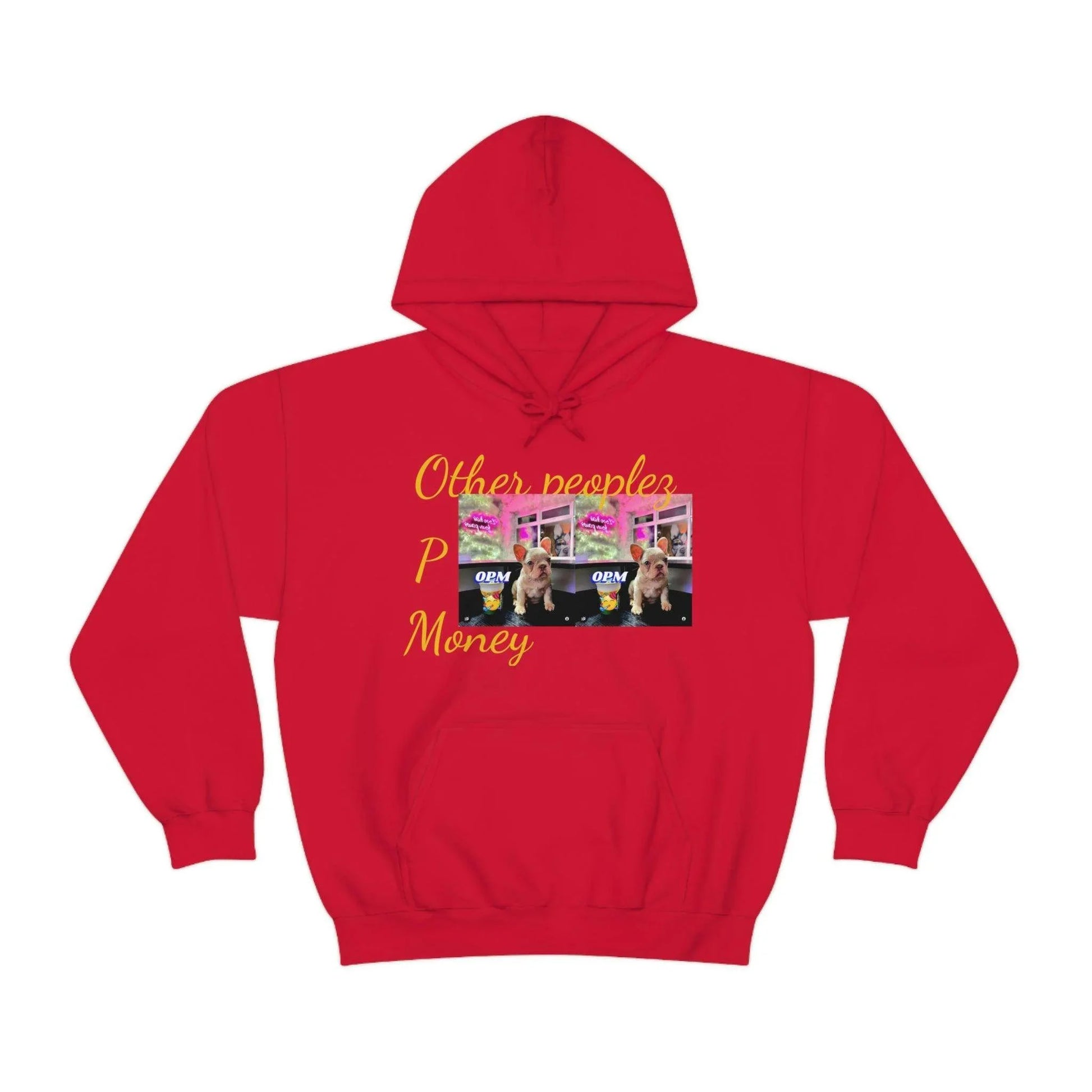 Red unisex hoodie with 'Other peoples Money' text and graphic featuring a dog at a counter.