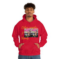 Man wearing red unisex hoodie with dog graphic and 'Other people’s money' text