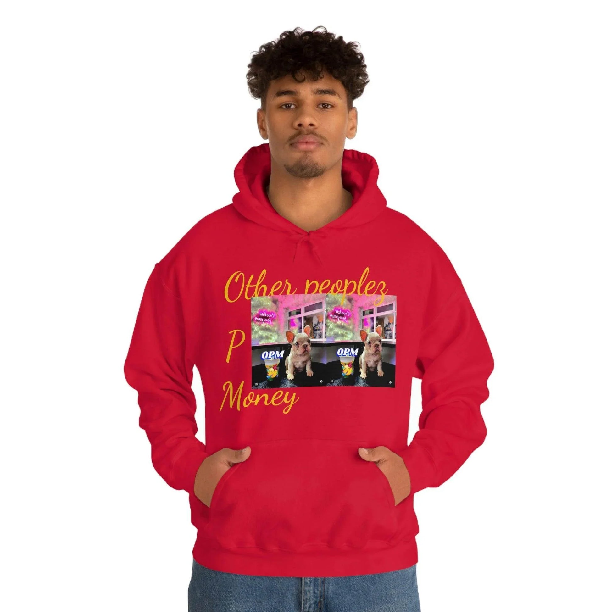 Man wearing red unisex hoodie with dog graphic and 'Other people’s money' text