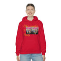 Woman wearing a red streetwear hoodie with graphic text and OPM design, casual urban style