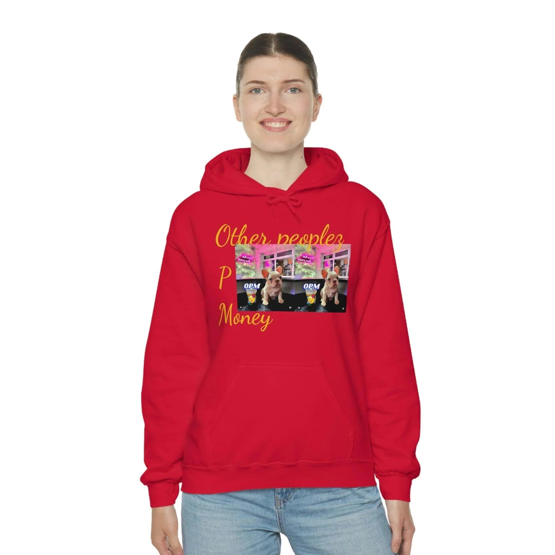 Woman wearing a red streetwear hoodie with graphic text and OPM design, casual urban style