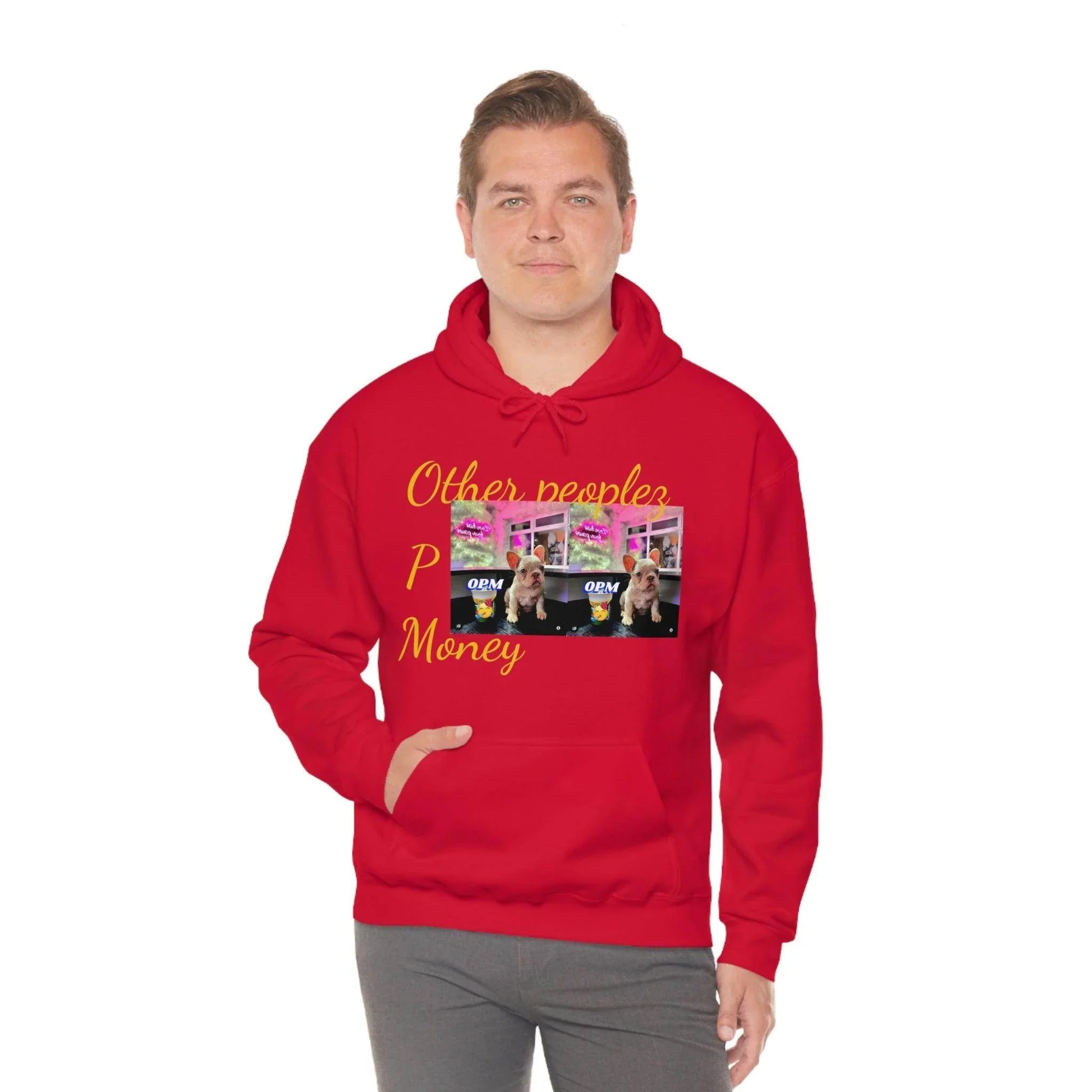 Man in red hooded sweatshirt with 'Other people’s Money' text and dog photo graphic