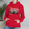 Red streetwear hoodie with dog photo graphic and yellow 'Other peoples Money' text on front.