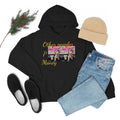 Black hooded streetwear sweatshirt with 'Other peoples Money' text and dog graphic, styled with jeans, shoes, and a beige beanie.