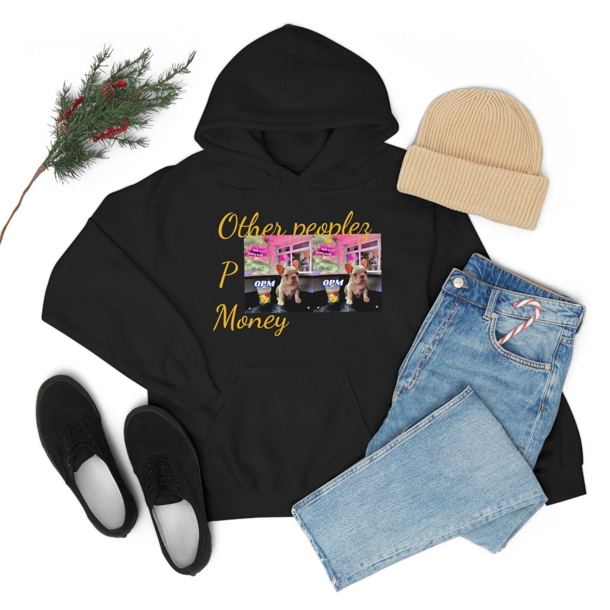 Black hooded streetwear sweatshirt with 'Other peoples Money' text and dog graphic, styled with jeans, shoes, and a beige beanie.