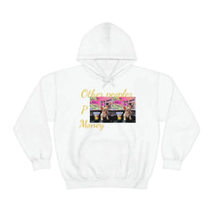 White unisex hoodie with 'Other peoples P Money' text and dog graphic print on front