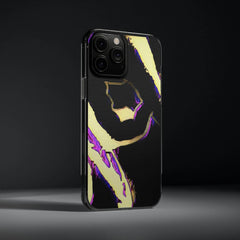 Black phone case with bold gold and purple graphic design, modern luxury accessory