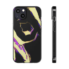 Black phone case with bold yellow and purple abstract graffiti design, shown back and side