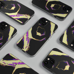 Black phone cases with bold gold and purple abstract OPM design, flat lay pattern