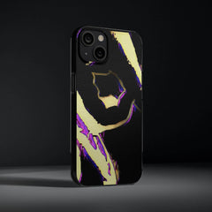 Black soft phone case with bold gold and purple graphic abstract design, luxury streetwear accessory