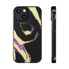 Black soft phone case with abstract yellow and purple graphic streetwear design