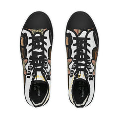 High-top sneakers with black laces, cartoon dog graphics, and bold text on white background