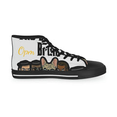 High-top sneaker with cartoon dog and three faces, black laces, and bold text design