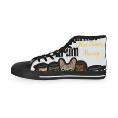 High-top sneaker with cartoon dog and people graphics, text 'Other Peoplez Money', black and white design