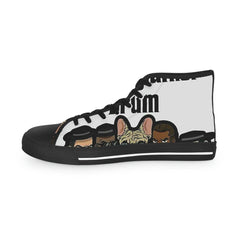 High-top sneaker with cartoon dog and people graphic, black and white urban streetwear style.