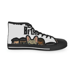 High-top sneaker with black sole, cartoon dog and men’s faces graphic, streetwear style