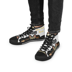 High-top sneakers with black laces, cartoon dog faces, and 'Other People’s Money' text.
