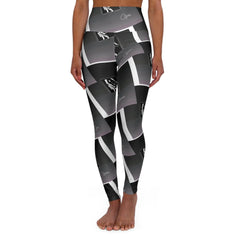 High-waisted leggings with abstract black, white, and gray pattern on a model