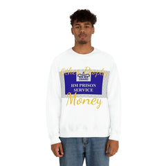 Man wearing white crewneck sweatshirt with 'HM Prison Service' and gold 'Other Peoples Money' text.