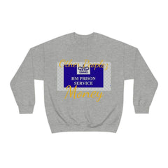 Grey unisex crewneck sweatshirt with HM Prison Service logo and gold 'Other Peoples Money' text.