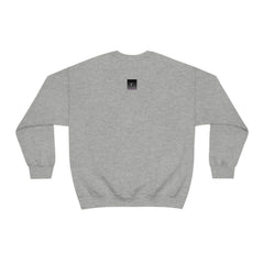 Unisex grey crewneck sweatshirt with small black square logo on the upper back