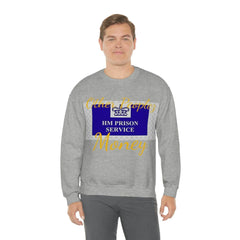 Grey streetwear sweatshirt with HM Prison Service logo and gold text design, worn by a man