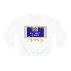 White unisex crewneck sweatshirt with HM Prison Service graphic and 'Other Peoples Money' text