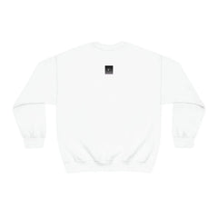 White unisex crewneck sweatshirt with small black square logo on the back center