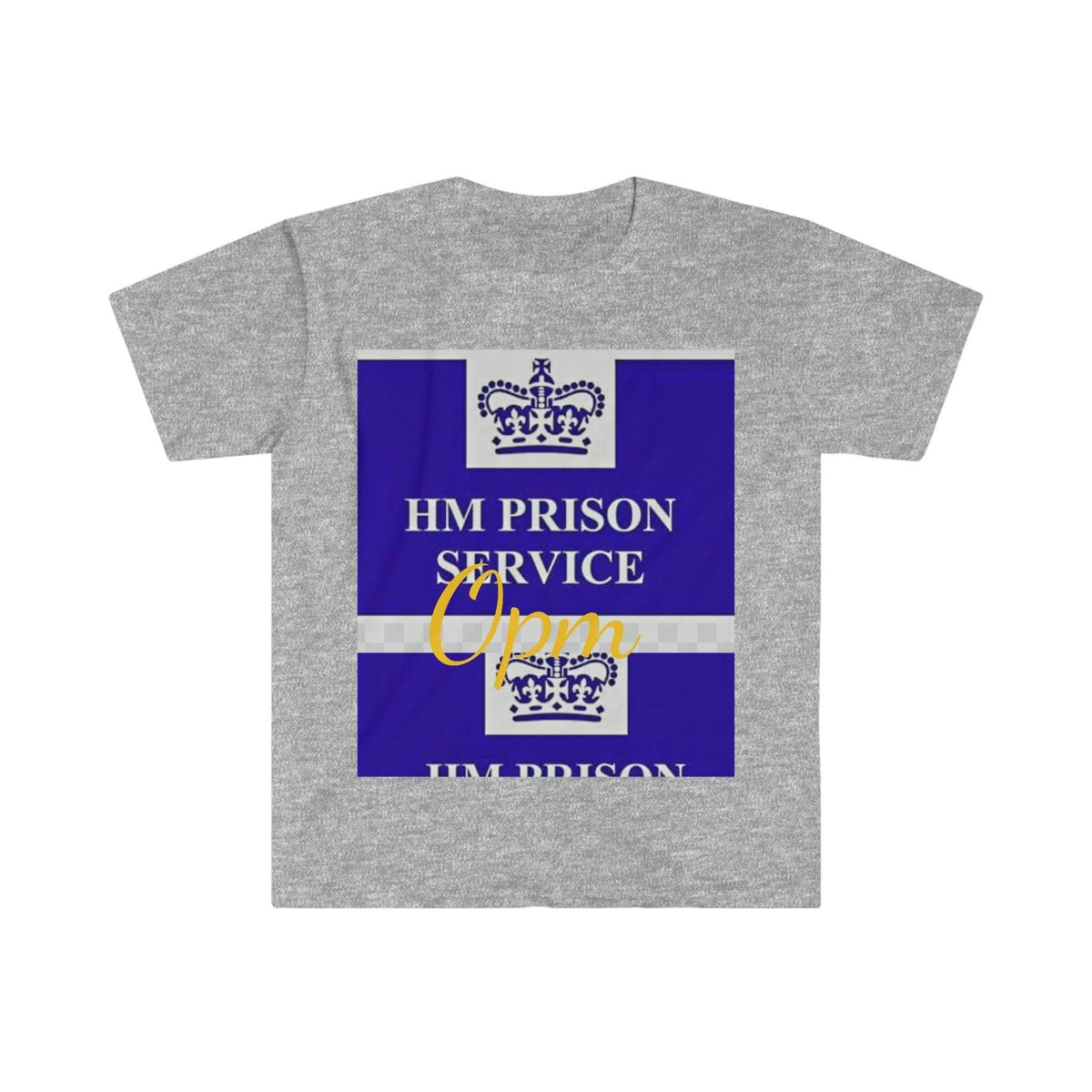 Grey unisex t-shirt with blue HM Prison Service graphic and yellow 'Opm' text on front.