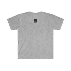 Unisex grey t-shirt with small black graphic on upper back, urban streetwear style.