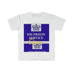 White unisex t-shirt with blue HM Prison Service graphic, crown emblem, and yellow Opm text.
