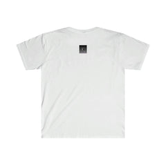 White unisex streetwear T-shirt with small black square logo on back