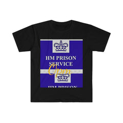 Black unisex t-shirt with HM Prison Service graphic, crown icons, and yellow 'Opm' text