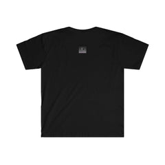 Back view of a black unisex t-shirt with a small square graphic near the collar.