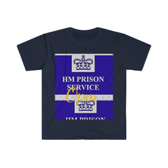 Black t-shirt with blue and white HM Prison Service graphic and gold Opm text on front