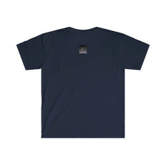 Unisex navy blue t-shirt with small black and white graphic on upper back, streetwear style